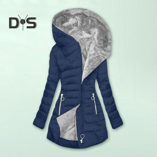 Giacca invernale da donna imbottita taglie forti con fodera in peluche, chiusura con cerniera imbottita, lunghezza media, con cappuccio, tinta unita, caldo, antivento