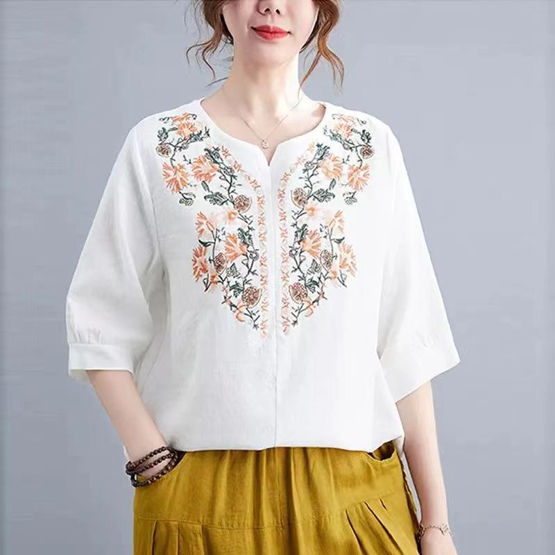 Cotton and Linen Embroidered Three-quarter Sleeve Top for Spring Shirt for Women, Japanese and Korean Vintage Slim Fit Thin Simple Summer Outside Wear