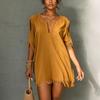 Women's Casual V Neck Shoulder Cutout Short Sleeve Loose Fit Mid Length Dress with Fringe Hem and Sleeve Details for Everyday Wear