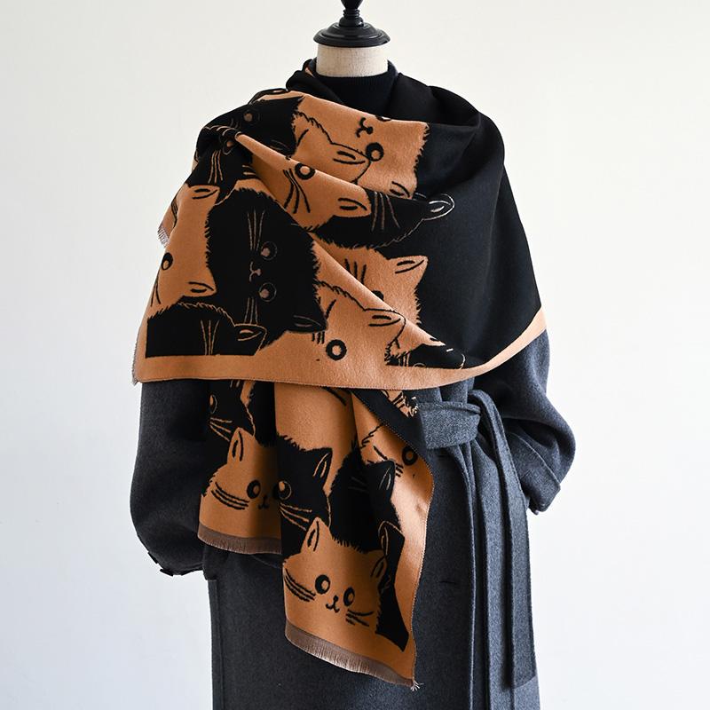 NEW Winter Kitty Women Pashmina Scarves Fringe Wrap Warm Fashion Brands Designer Cashmere Two-Sided Scarf Blanket Soft Shawls