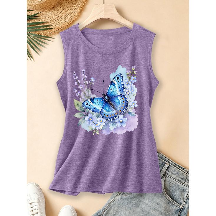 2026 Vintage Tinte Floral Monarchfalter Druck Damen Ärmellose Weste Rundhalsausschnitt Tägliches Pendeln Frühling Sommer Herbst Tanktop
