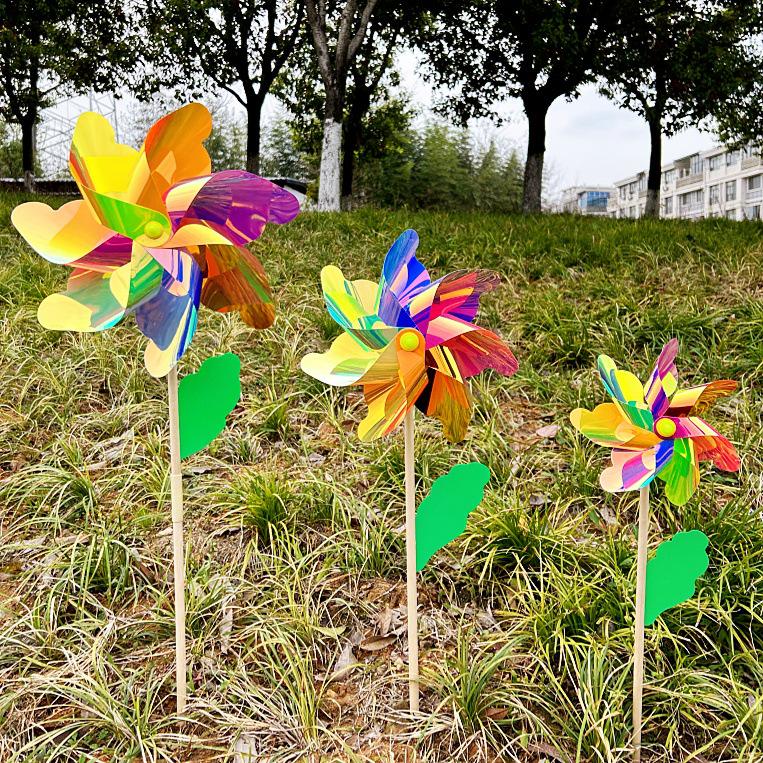 Large Iridescent Wooden Pinwheel Toy for Outdoor Fun