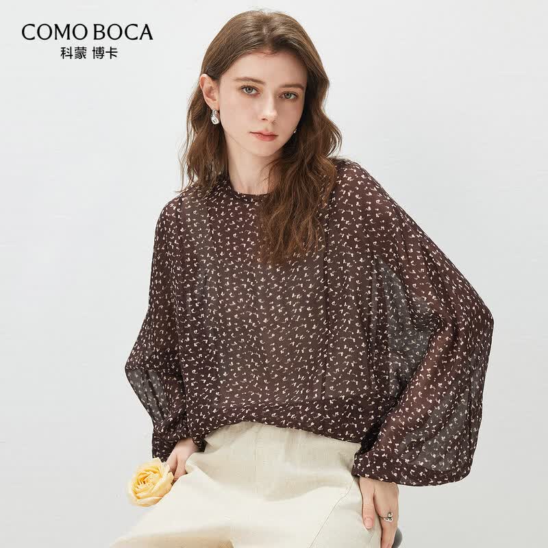Kemeng Boka Mulberry Silk Floral Long-Sleeved Blouse L