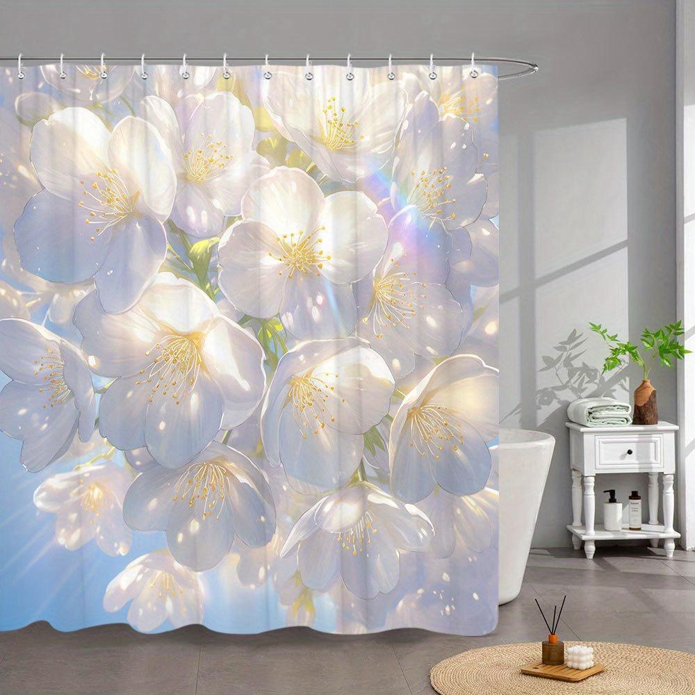 

1pc Sunlit Cherry Blossoms Shower Curtain - Ethereal Spring Floral Decor with Delicate White Flowers, Golden Stamens & Radiant 90x180cm