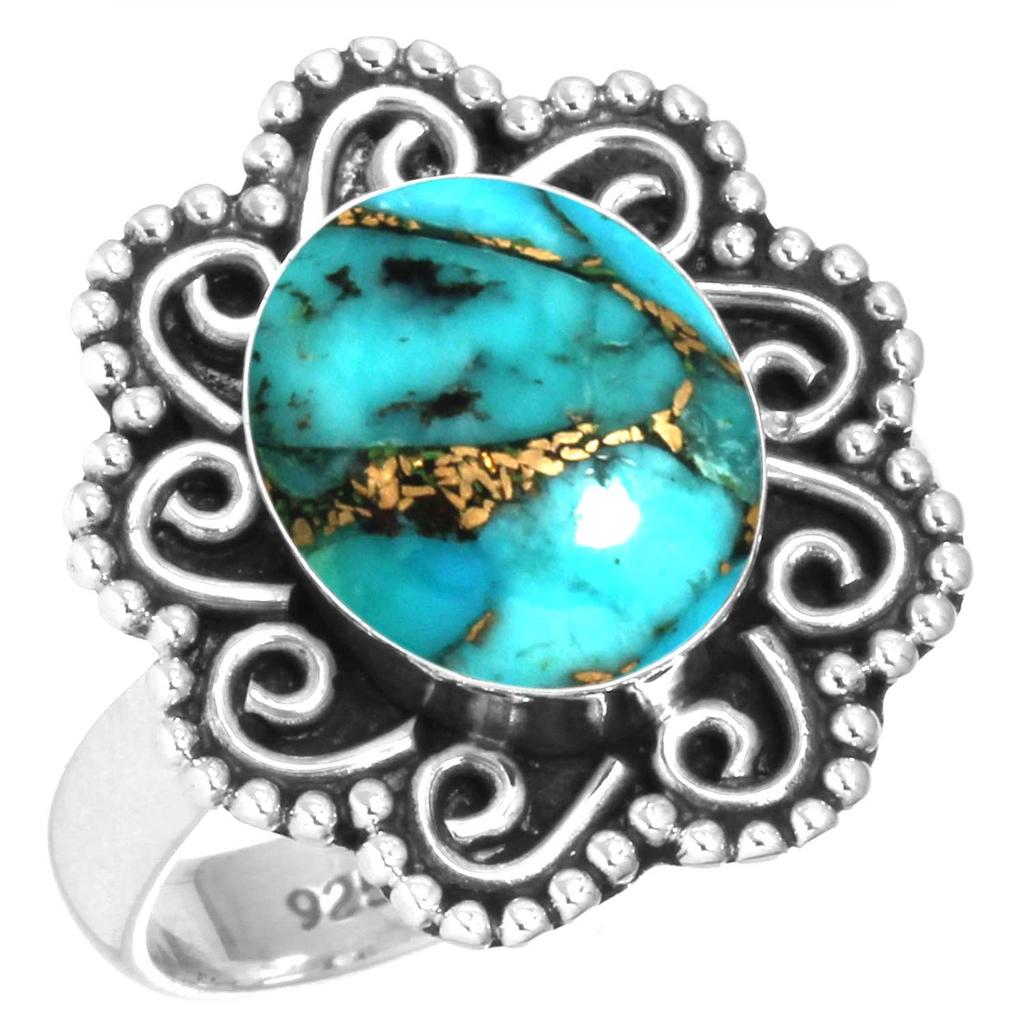 925 Sterling Silver Ring Women Gemstone Handmade Jewelry Engagement Gift Blue Green Purple Copper Turquoise Pearl Lapis Mother Of Pearl Boho