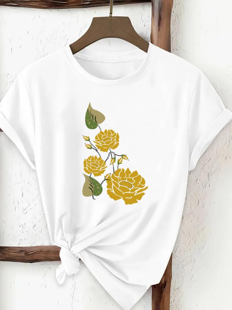 (Asian Size) Tee Print Fashion Top Women Clothing T Shirt Woman Female Sweet Flower Lovely Cute Short Sleeve Graphic T-shirts