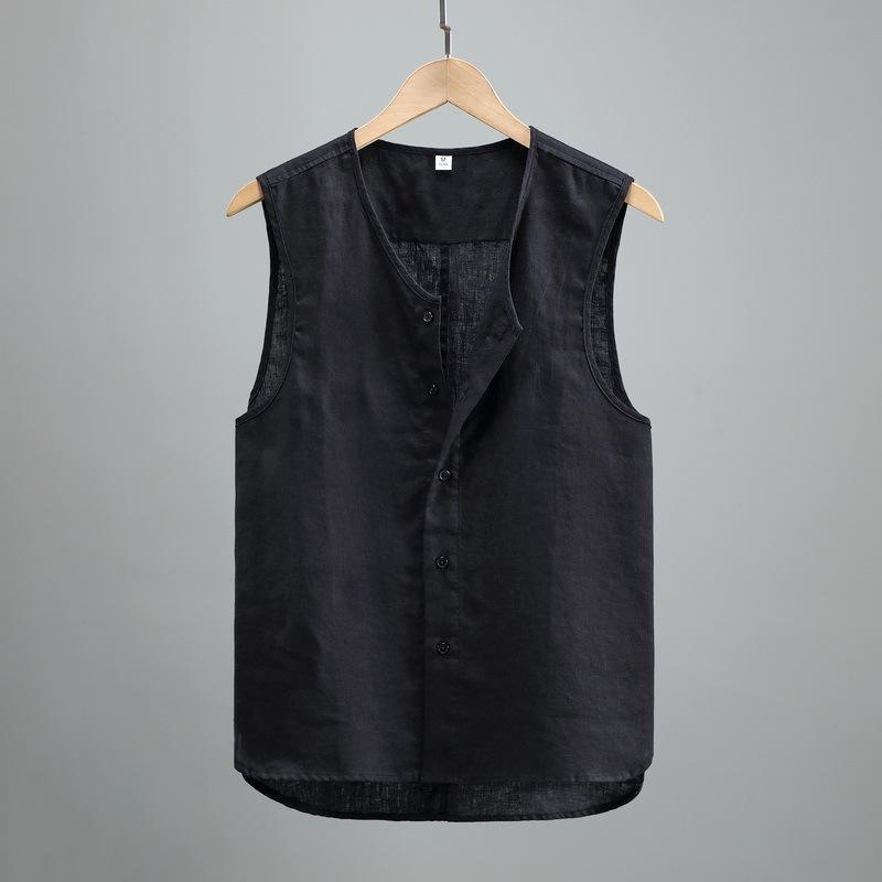 Men's Summer Solid-Color Linen Vest Youth Retro Washed Breathable Lightweight Button-Front Sleeveless T-Shirt