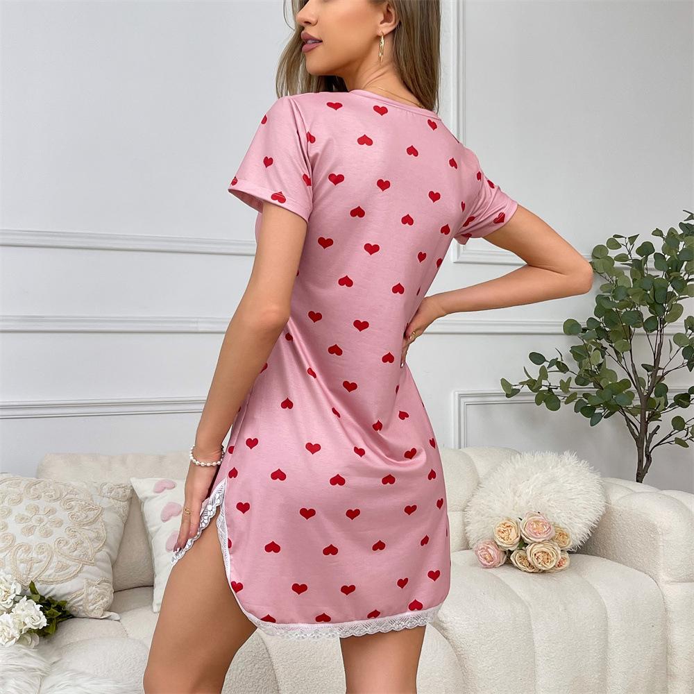 Pink love print Modal short-sleeved nightdress side split-ended round neck lace splicing pajamas one piece