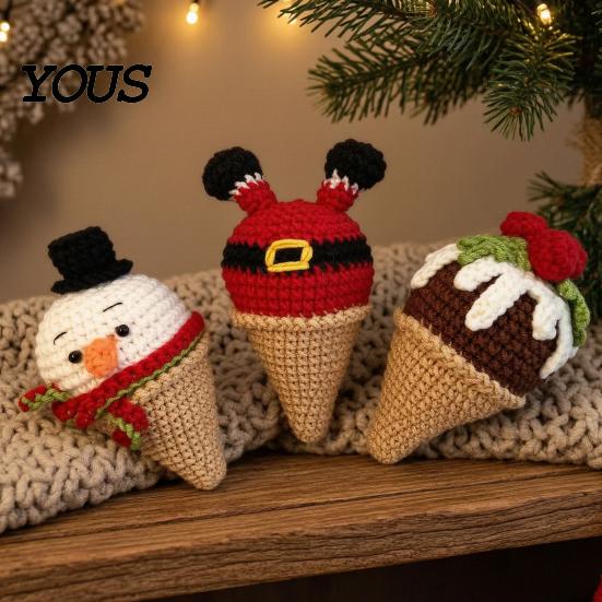 Cute Desktop Decorations for Office Handmade Crochet Christmas Ornament, Ice Cream Theme Decor, Holiday Warmth Gifts Yarn Figurine Home Decoration