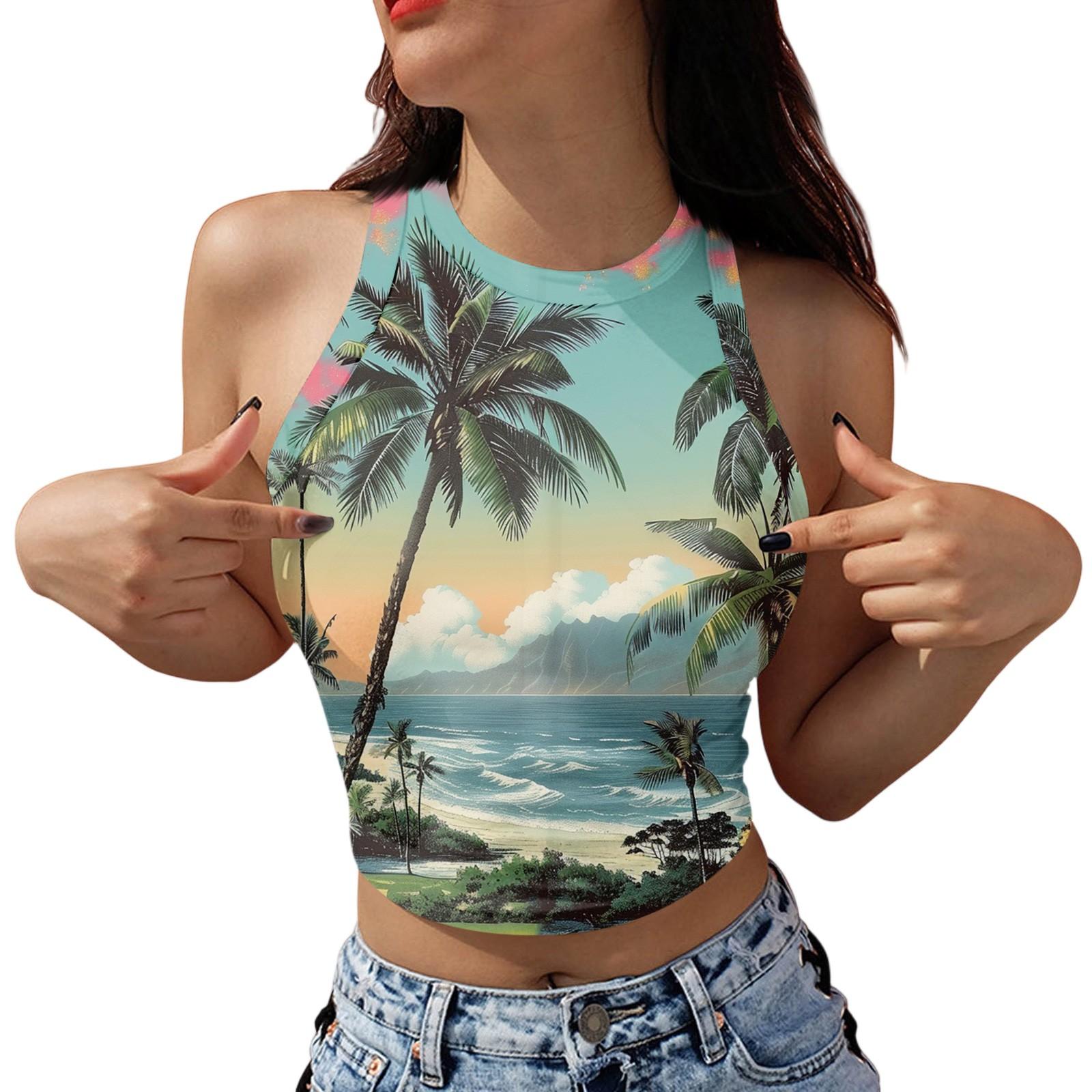 

Женская мода Гавайский принт без рукавов Базовый топ L синий