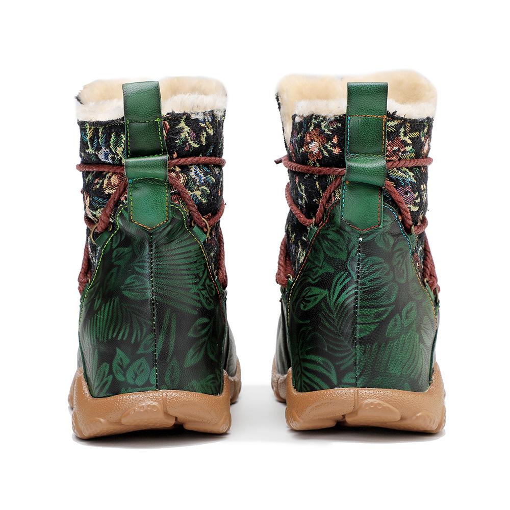Johnature Botas curtas de inverno femininas quentes e confortáveis, feitas à mão, em couro legítimo, estampado, emendado, pelúcia, retrô
