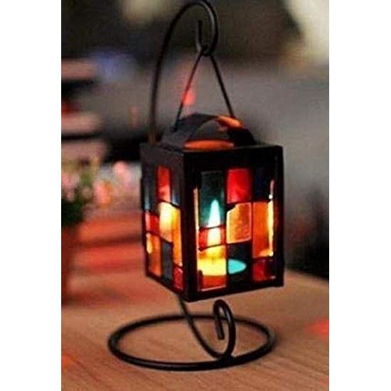 Morningplace Nordic Candle Stand Holder Antique Hanging Hook Stained Glass Grid Design Interior (Black)
