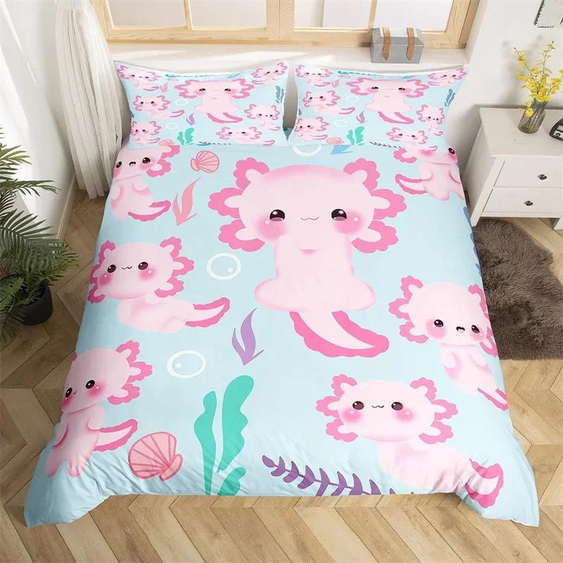 Cartoon Salamander Bedding Set, Maple Leaf Duvet Set, Microfiber Marine Life Three-Piece Set.