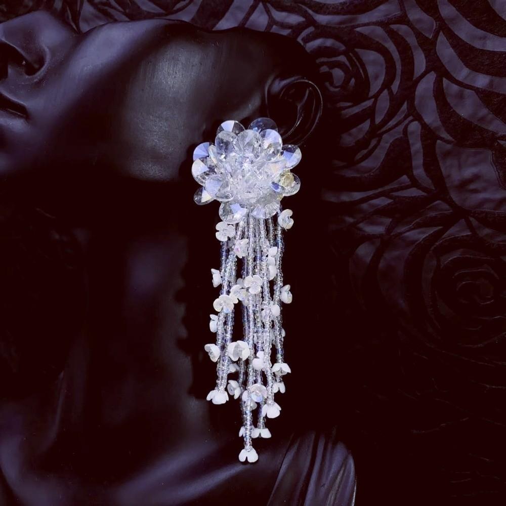 Zinc Zinc Alloy Crystal Beads Ear Drop Rhinestone Long Ear Drop Brilliant White Flower Earrings  Women