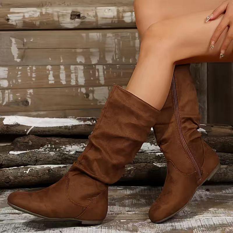 Plus-size Shoes, Mid-calf Boots, Women's Autumn and Winter New Style Pleated Boots, Flat Boots