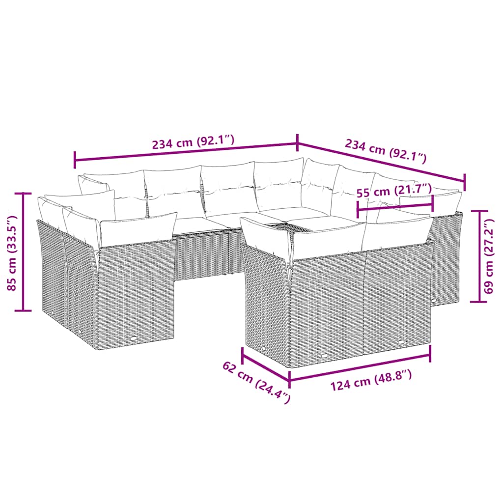 Vidaxl 11-Cz. Conjunto de Muebles de Jardín con Cojines, Marrón, Ratán PE