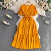 Summer gentle wind temperament V-neck bubble short-sleeved pleated waist thin a-word dress super fairy pendulum long skirt