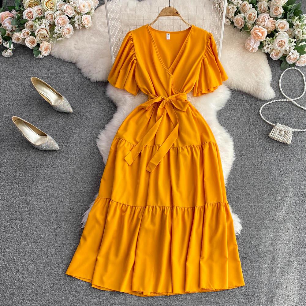 Summer gentle wind temperament V-neck bubble short-sleeved pleated waist thin a-word dress super fairy pendulum long skirt