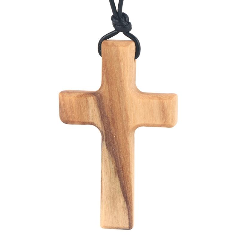 Hand-carved Tapered Wood Cross-shape Necklace Long Leather Rope Adjustable Olive Wood Pendant for Boys Girls Men Women