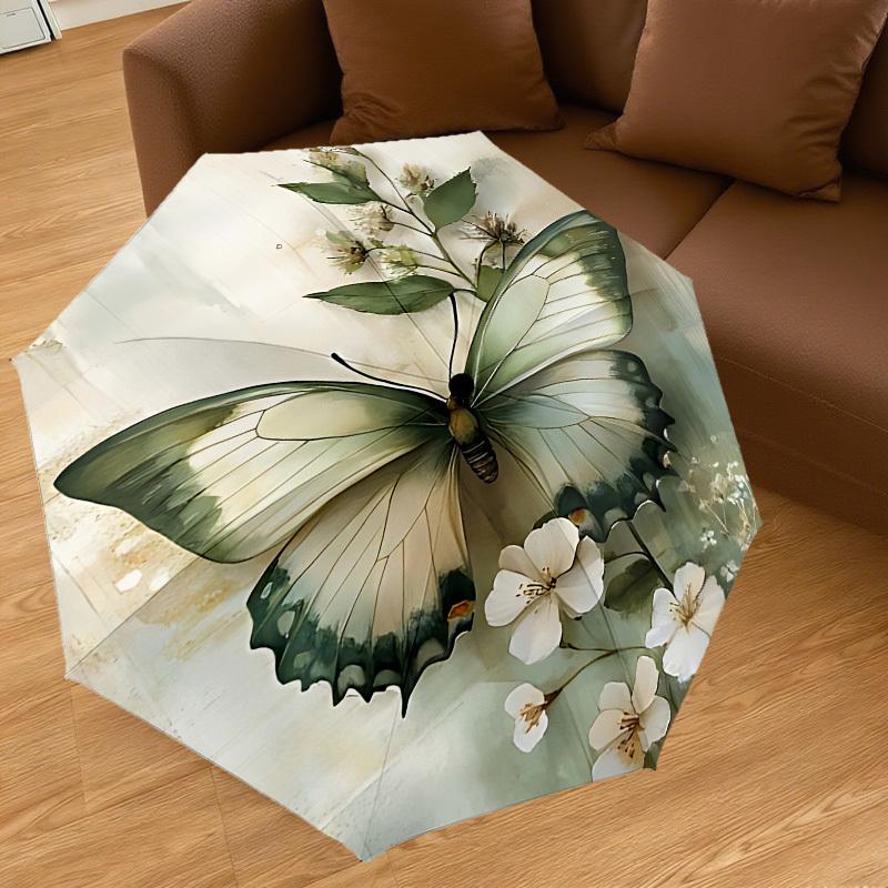 1PC Butterfly White Flowers Automatic Open/Close Umbrella with Windproof, 8-Rib Sturdy Canopy, Durable Ribs, Fashionable Design,1264