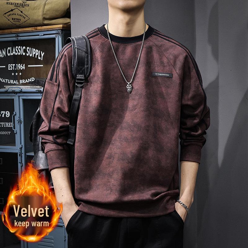 Herren Herbst Wildleder Plüsch Gestreifter Hoodie - Schwergewicht, Sportlich, Lässig Rundhals Pullover