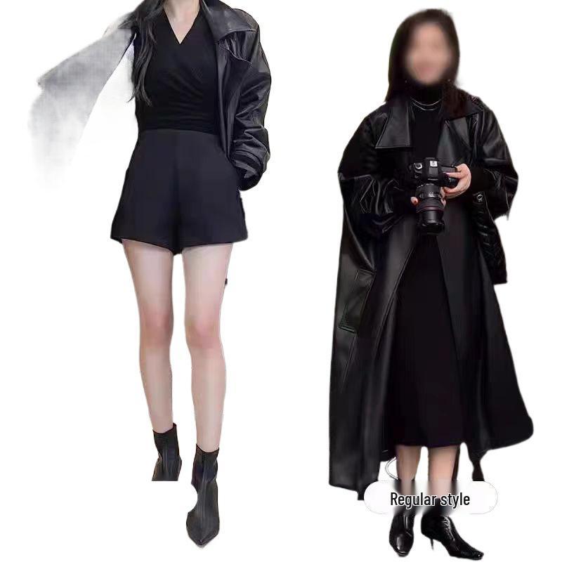Women's Mid-Length Leather Jacket: European & American Style, Autumn/Winter 2025, Plus Velvet, Thickened Trench Coat