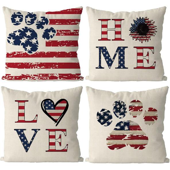 GAGEC 4th of July Pillow Covers 18x18 Inch N Flag Funny Paws Patriotic Pillows Independence Day Pillowcase Decor for Sofa