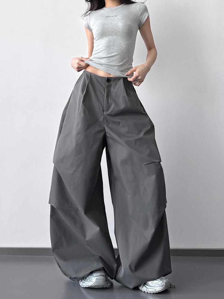 2026 Women's Gray High-Waisted Wide-Leg Parachute Pants: Slimming, Casual, Loose Fit, Straight Leg