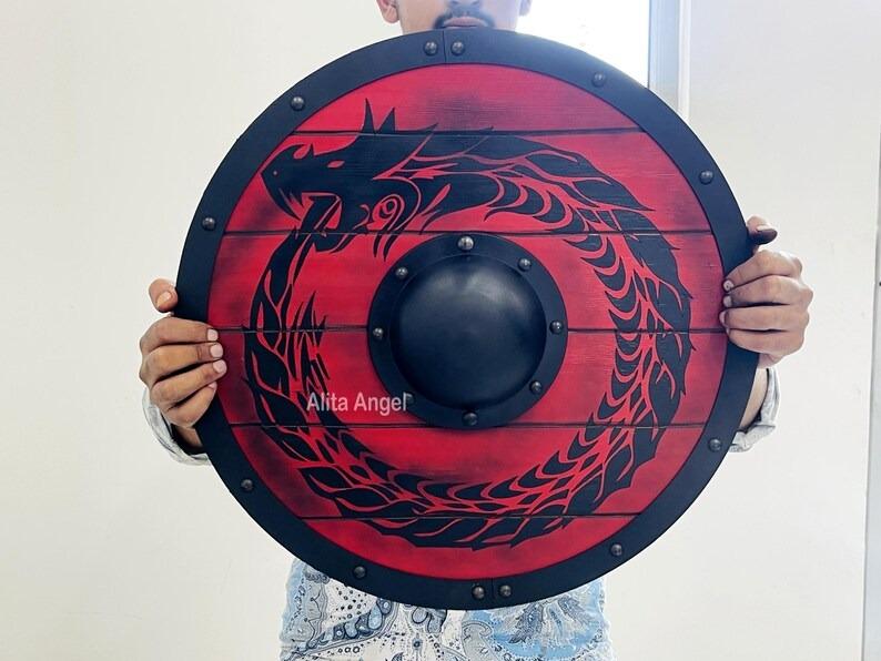 Handmade Wooden Viking Shield: Ouroboros Dragon, Battleworn Finish