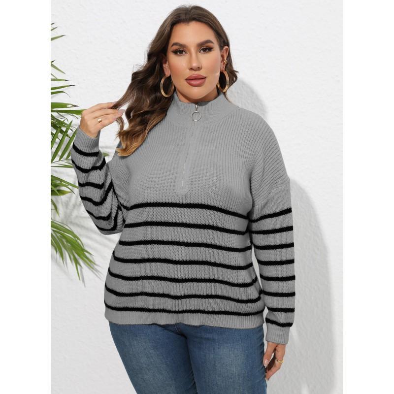 2026 Fall Winter Striped Knit Sweater Half Zip Mock Neck Loose Fit Casual Pullover Women