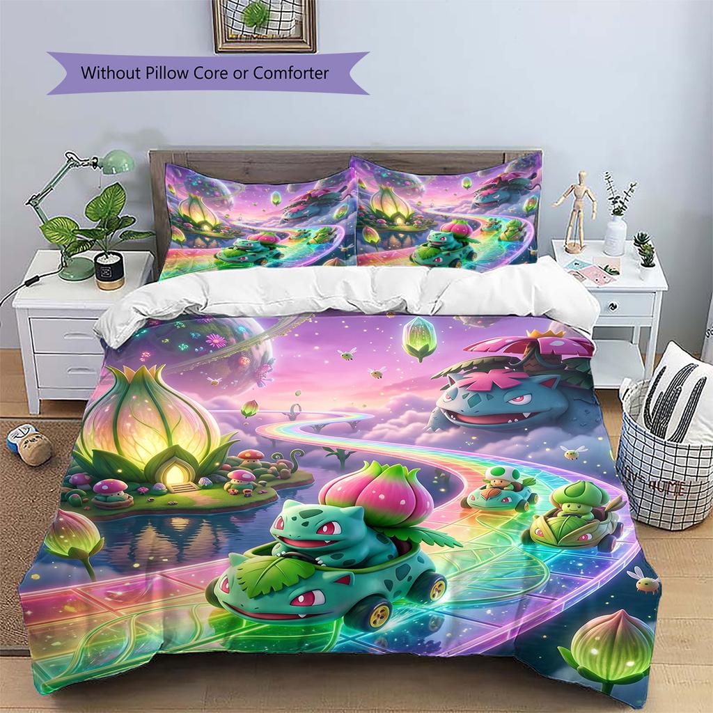 Bulbasaur Pattern Bedding Quilt Set Quilt Cover Pillowcase Home Decoration Birthday Gift (1 * duvet cover + 2 * pillowcase, without core)
