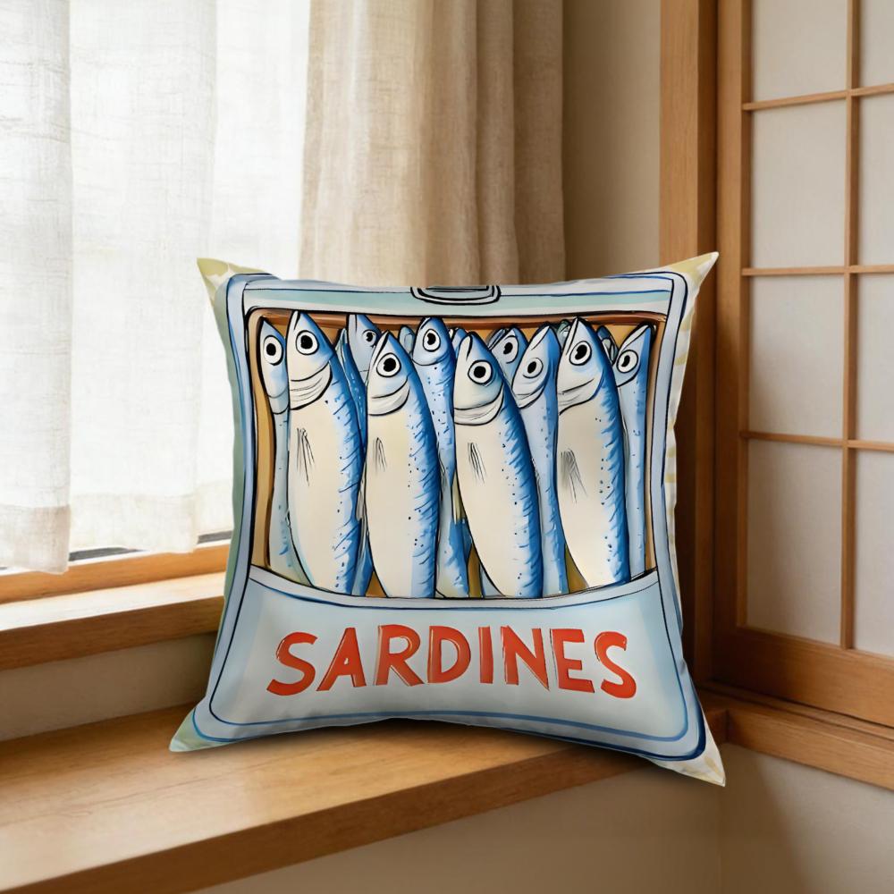 1pc Retro Sardine Can Illustration Cushion Cover Blue White Fish Print Living Room Sofa Bed Decor Soft Breathable