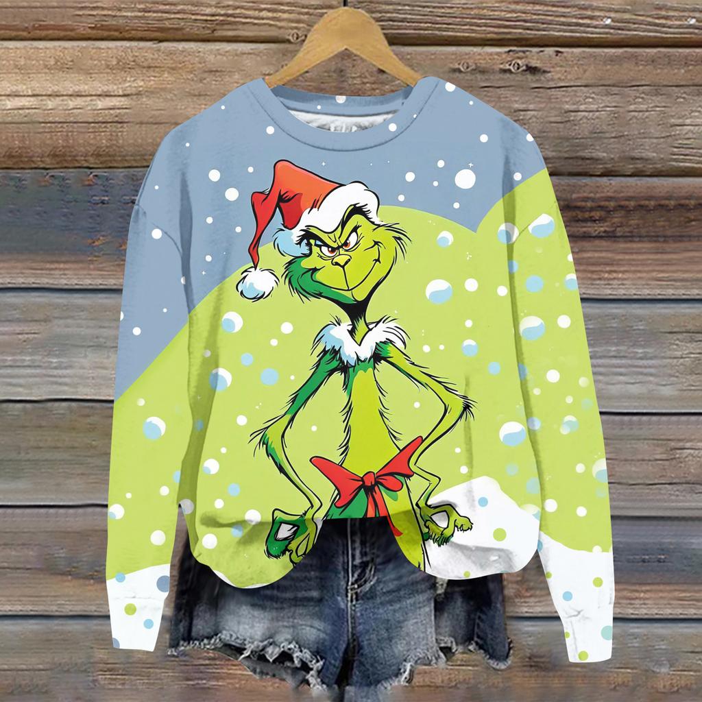 Ladies' Christmas Greentown Print Casual Long Sleeved Round Neck Sports Hoodie Top