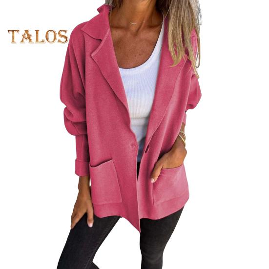 Damen Herbst Winterjacke Reverskragen Lockerer Freizeitmantel mit Tasche Einreihiges Einfarbiges Langarmoberteil