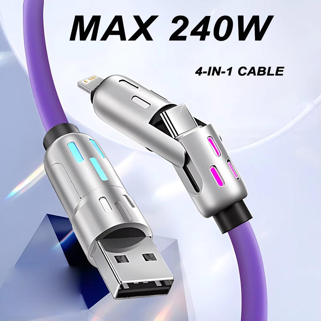 4 in 1 USB to Type-C Charging Cable Multi Connectors Charger Rotating Elbow 1.2m Mobile Phone 240W Fast Data Transfer