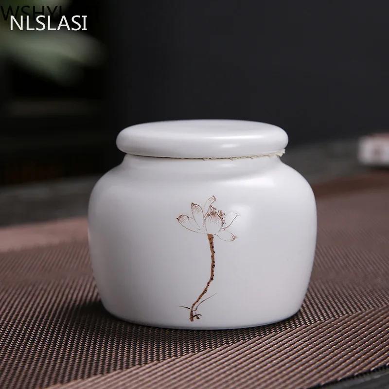 Ceramic Tea Caddy Small Mini Portable Oolong Tea Storage Tank Travel Tea Boxes Powder Sealed Jar Tea Containers Spice Candy Jar