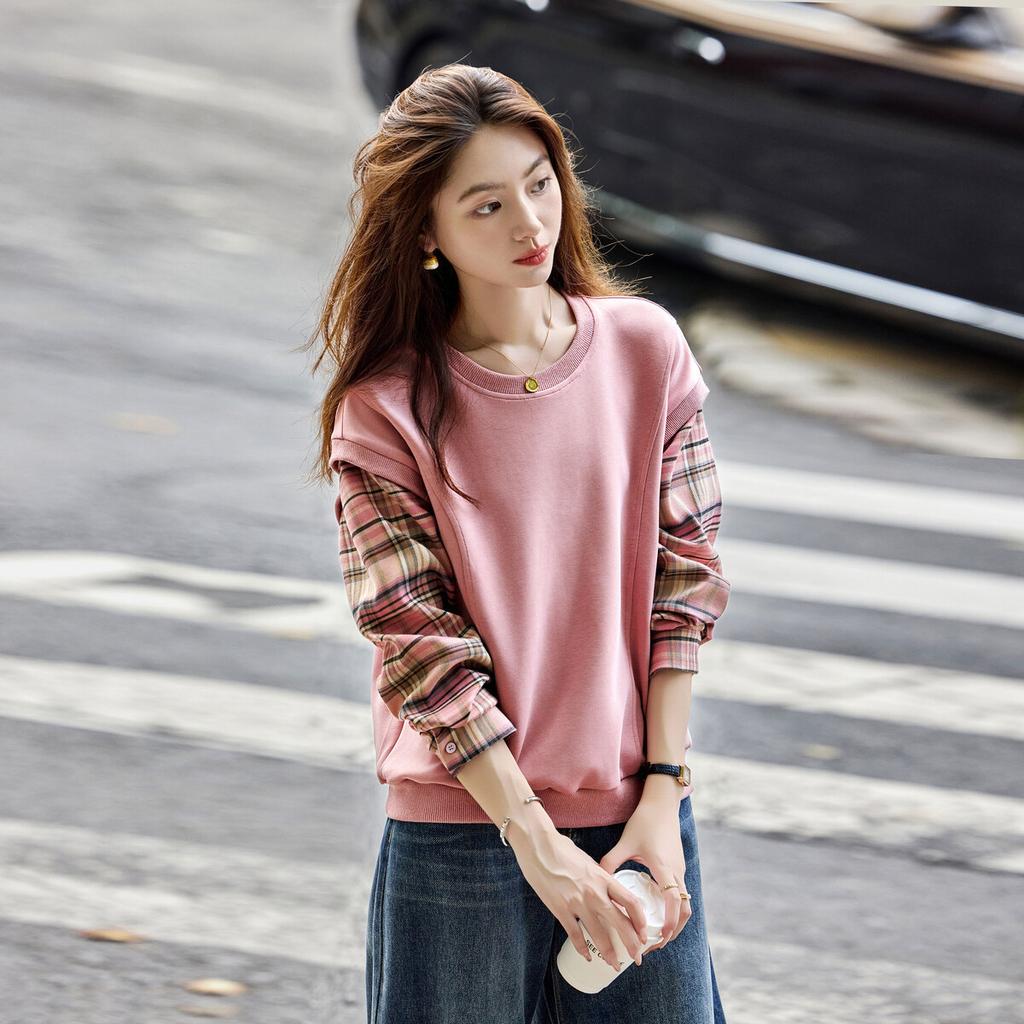 Autumn Round Neck Loose Versatile Pullover Korean Version Fake Two-piece Casual Contrasting Plaid Sweatshirt