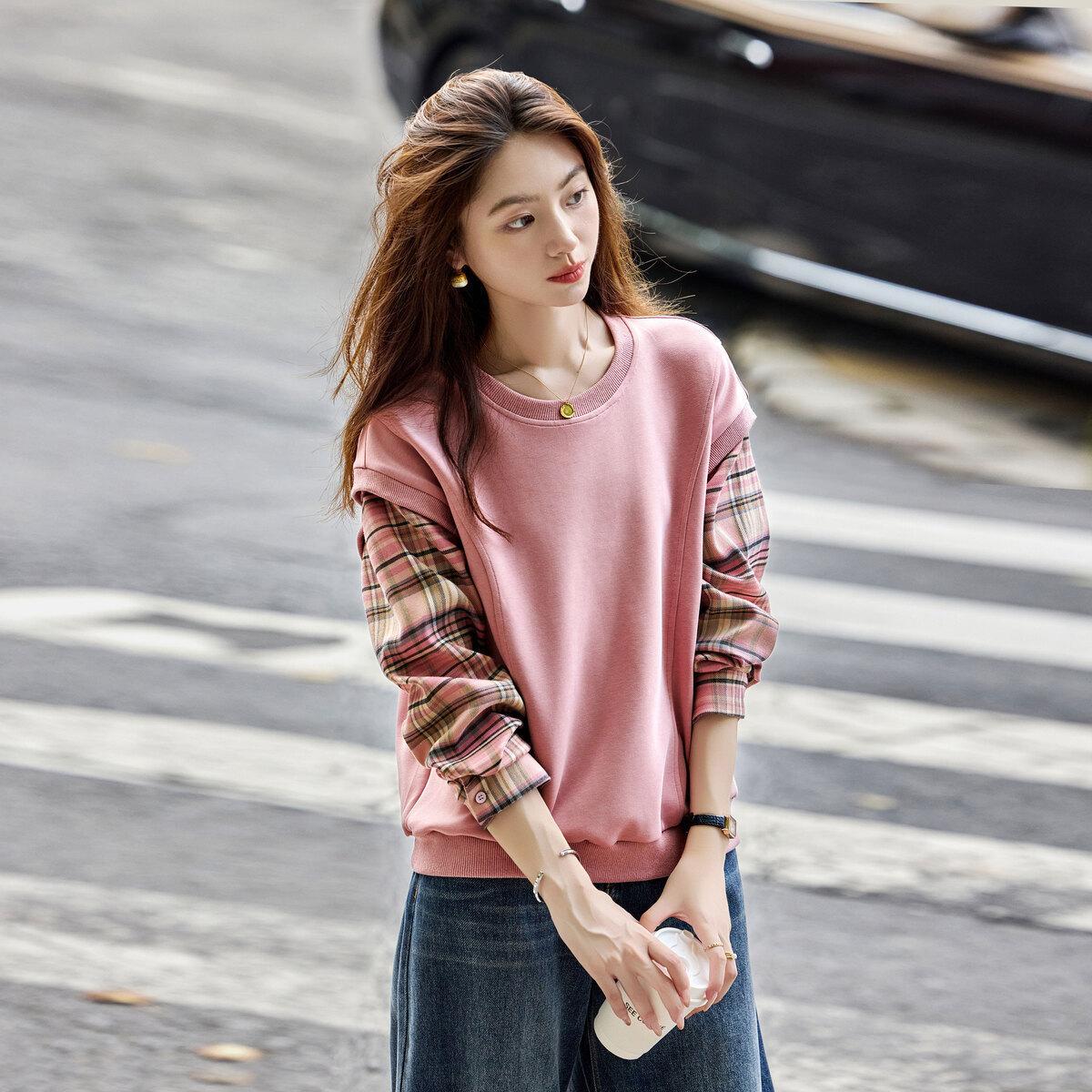 

Осенний пуловер с круглым вырезом, свободного кроя, универсальный, корейская версия, повседневная толстовка в клетку с контрастными вставками, имитация двух частей 2XL розовый