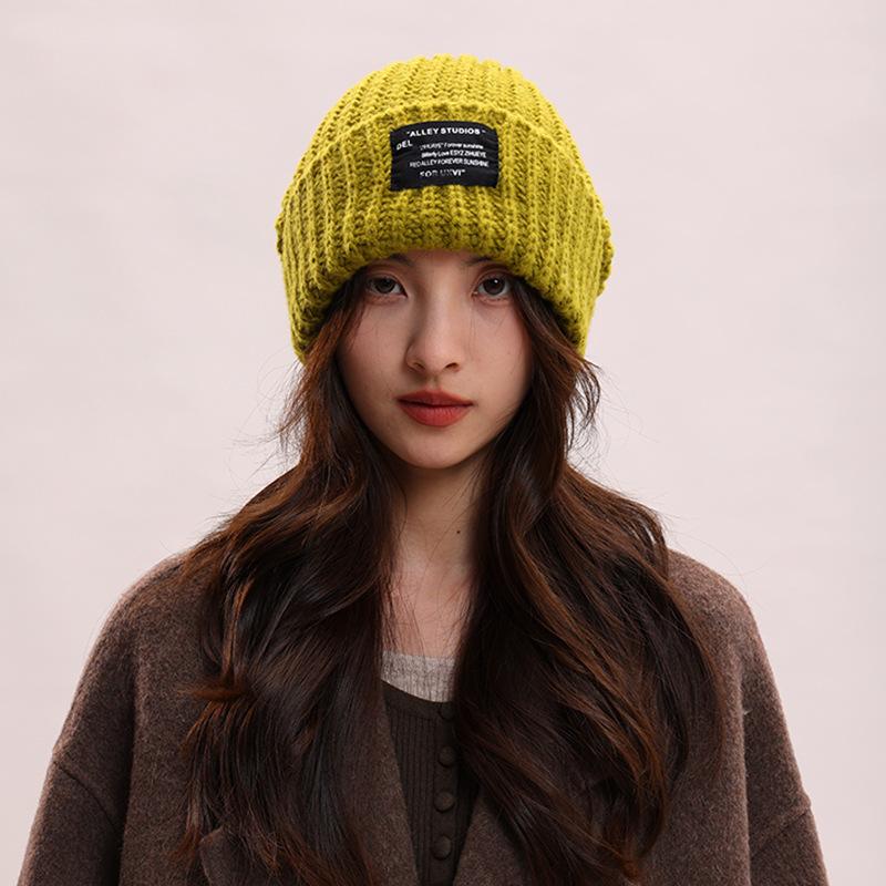 Black hat women's spring and autumn wool hat cold hat big head circumference headgear knitted hat winter warm pile hat men