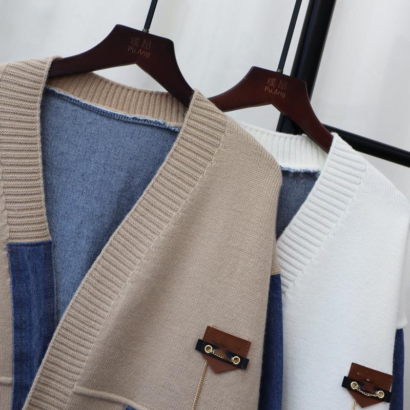 Denim Splicing Knitted Cardigan 2025 Autumn and Winter New Loose Casual Fashion Versatile Lazy Sweater Jacket