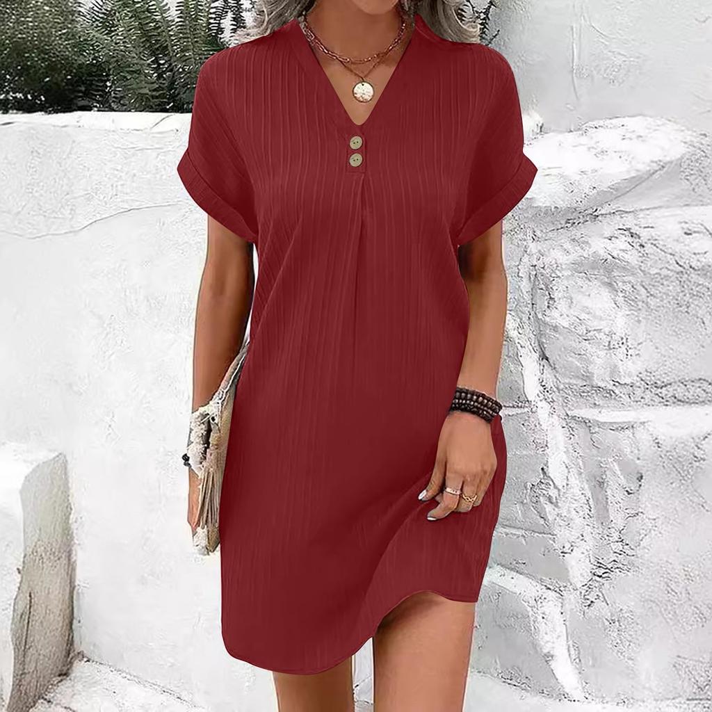 Women's Summer New Short Sleeve V-neck Color Pullover Comfortable Casual Button Dress
