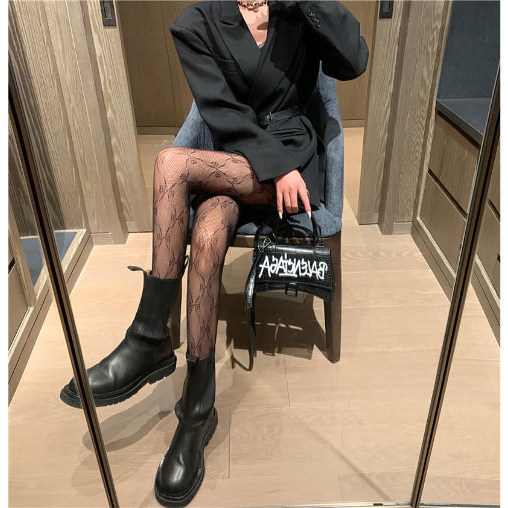 Spring and Summer Thin White Stockings Pantyhose Female Sexy Jacquard Black Stockings Bow Hollow Fishnet Socks