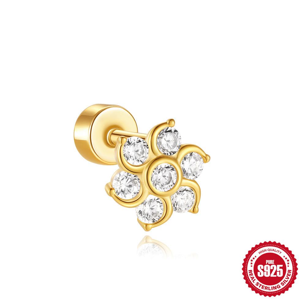 S925 Sterling Silver Daily Versatile Geometric Diamond-Set Cartilage Spiral Thick Bottom Flat Head Piercing Earrings Earrings Women