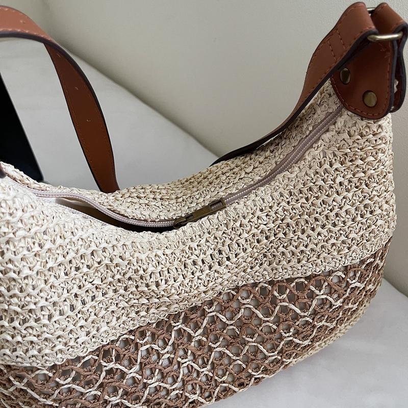 Crochet Mesh Shoulder Bag Women Summer Beach Tote With Leather Strap Natural Style Design