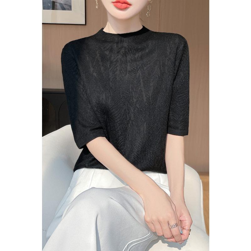 

Весна и Лето Новый Стиль Круглый Вырез Высокий Стиль Специальный Крой Вязаная Футболка с Коротким Рукавом Вязаный Свитер Пятирукавка M чёрный