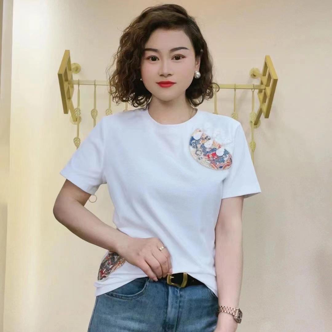 

New Chinese style light national style embroidery button short sleeve embroidery women s spring fashion new high-end loose front shoulder top M белый