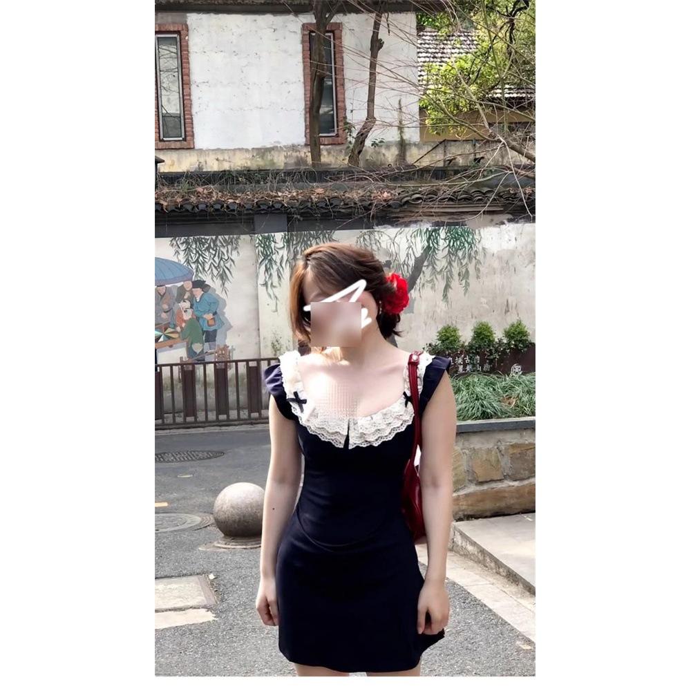 

Платье с рукавами-крылышками из французского кружева - Женское летнее А-силуэтное платье с короткой юбкой и приталенной талией S-(for up to 45kg)