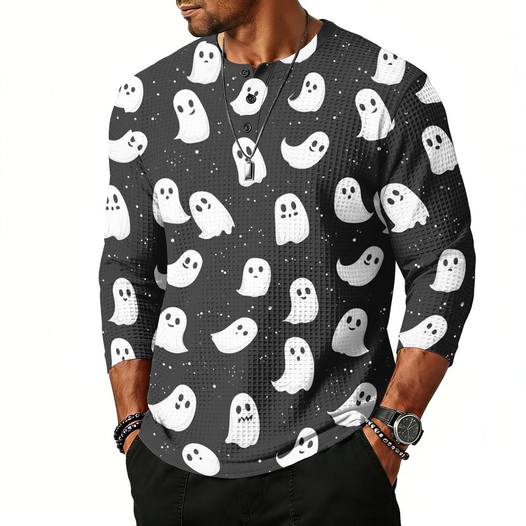 Men's Casual Halloween Print Henley Shirt Three Quarter Sleeve Crew Neck Loose Fit Top for Everyday Wear