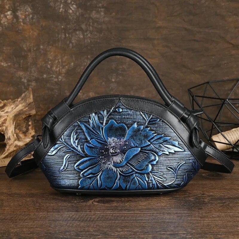 Johnature Ретро-сумка Жіноча сумка з натуральної шкіри ручної роботи з тисненням Універсальні сумки через плече та через плече з коров'ячої шкіри