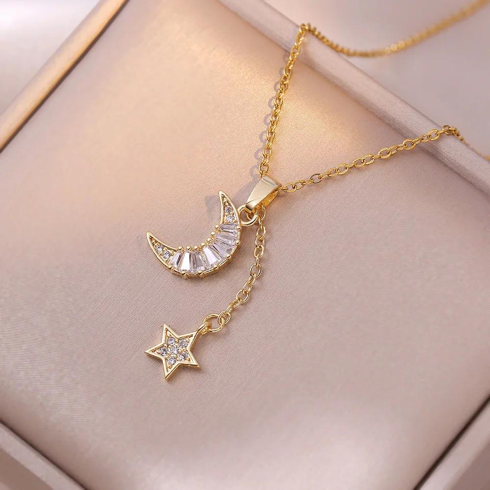 

Stainless Steel Chain Cute Shiny Zircon Star Moon Pendant Necklace for Women Girls Sweet Jewelry Accessories Gifts for Lover